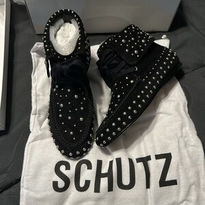 Schutz Evie Moccasin Ankle Boot Black with Silver Studs